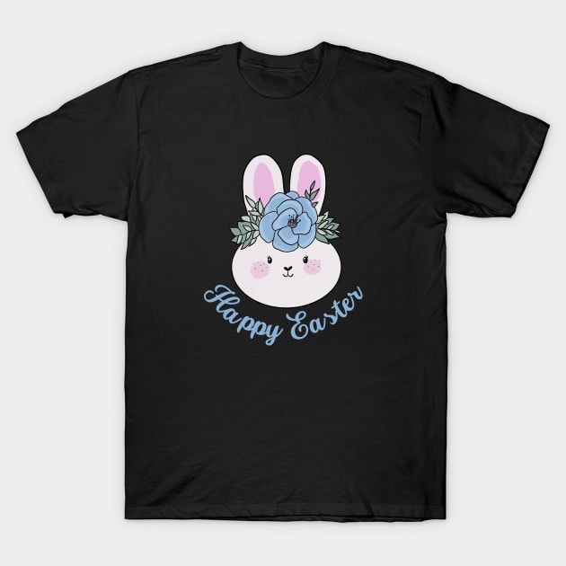 Happy easter cute easter bunny wearing a blue flower crown T-Shirt by Yarafantasyart